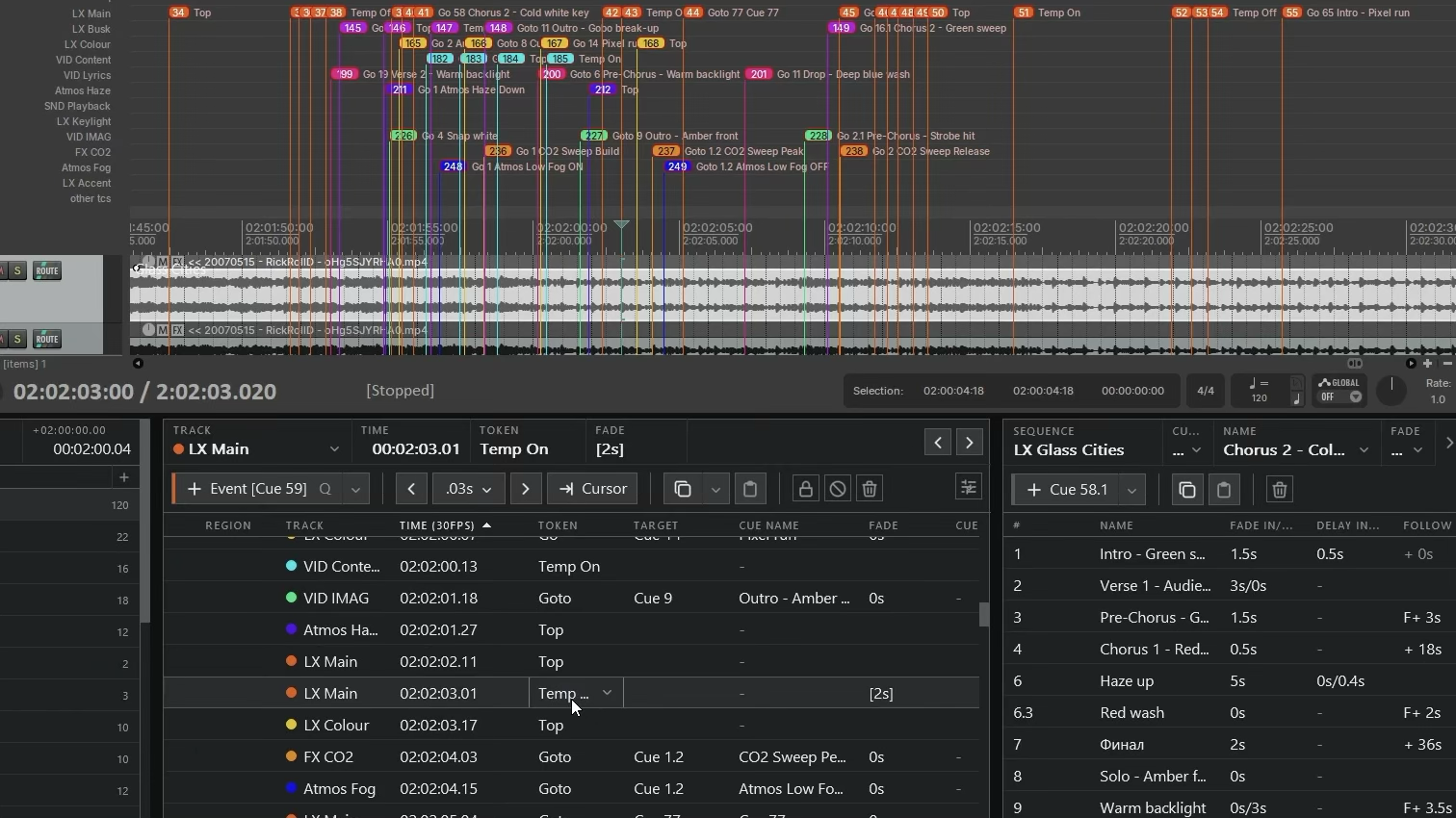 TimecodeMate3 in REAPER: the timecode timeline above the Events and Cues tables