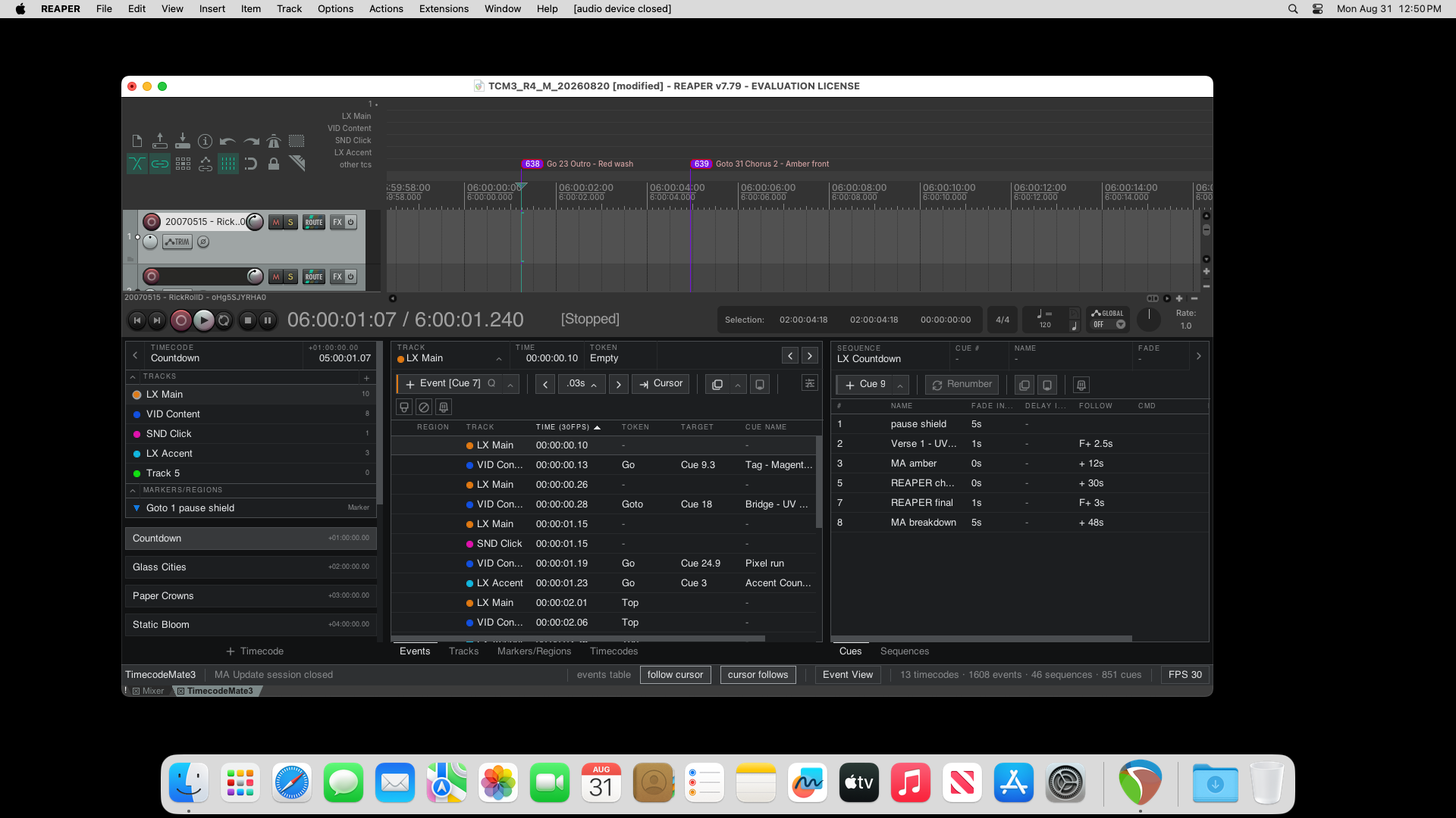 TimecodeMate3 on macOS, with Events and Cues beside the REAPER timeline