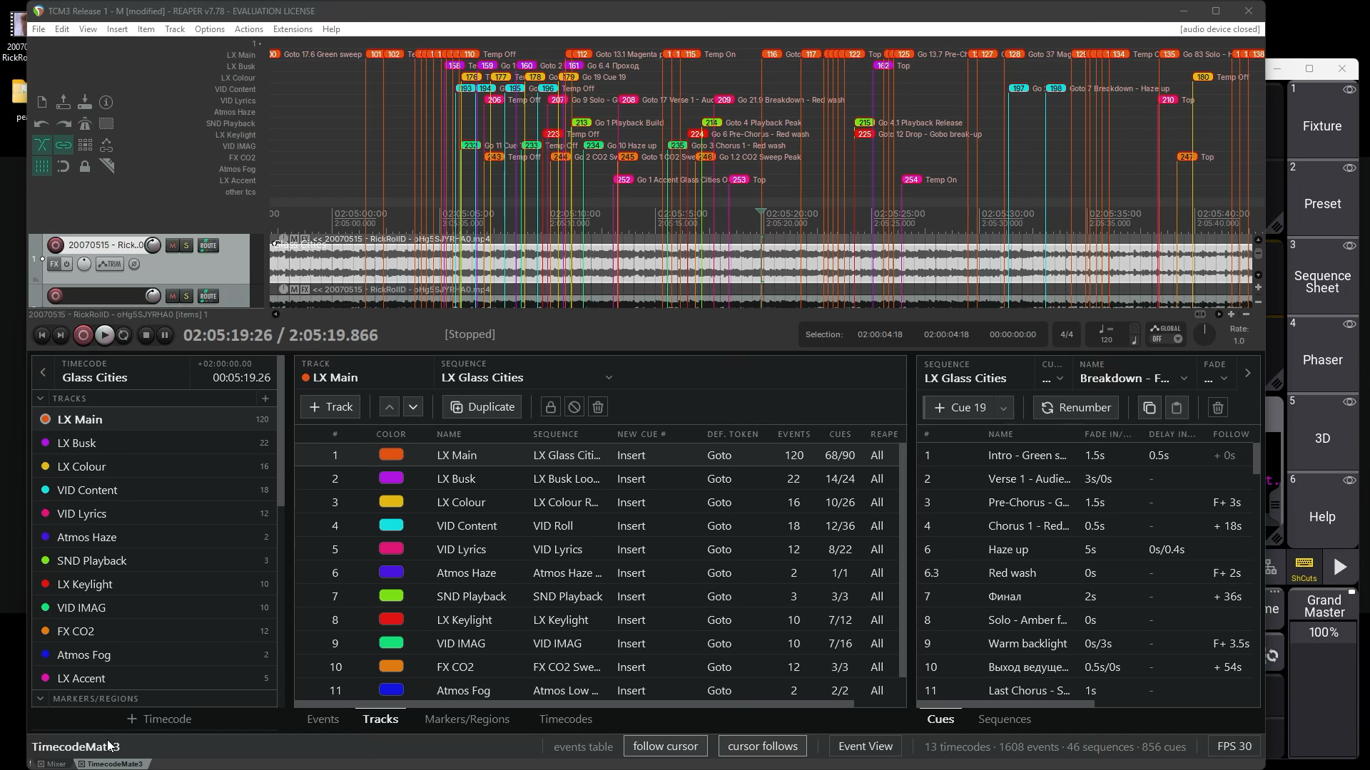 TimecodeMate3 on Windows, with timeline Events, Tracks, and Cues